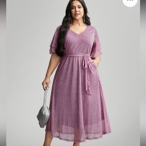 BloomChic Plus Size Plain V Neck Mesh Pocket Ruffle Tiered Belted Midi Dress